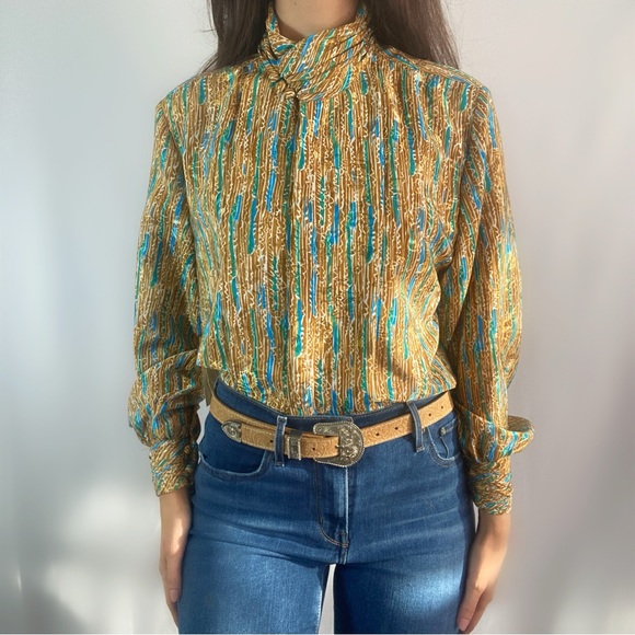 Vintage Tops - Vintage 80s geometric eclectic blouse mockneck long sleeve satin nwt